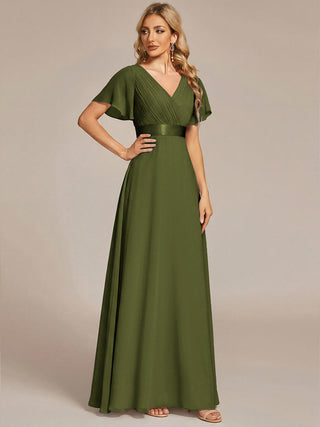 Commercial Short Sleeve Ruffle V-Neck Pleated A-Line Floor Length Bridesmaid Dresses