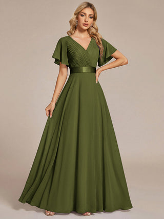 Commercial Short Sleeve Ruffle V-Neck Pleated A-Line Floor Length Bridesmaid Dresses