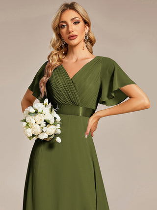 Commercial Short Sleeve Ruffle V-Neck Pleated A-Line Floor Length Bridesmaid Dresses