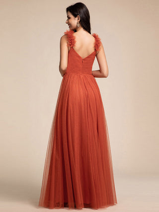 Romantic Deep V Neck Flying sleeve Tulle Bridesmaid Dresses with Gold Stamping Pleated decoration