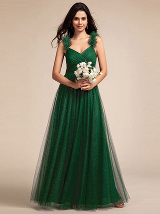 Romantic Deep V Neck Flying sleeve Tulle Bridesmaid Dresses with Gold Stamping Pleated decoration