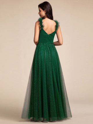 Romantic Deep V Neck Flying sleeve Tulle Bridesmaid Dresses with Gold Stamping Pleated decoration