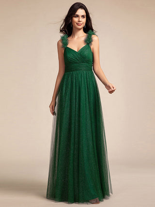 Romantic Deep V Neck Flying sleeve Tulle Bridesmaid Dresses with Gold Stamping Pleated decoration