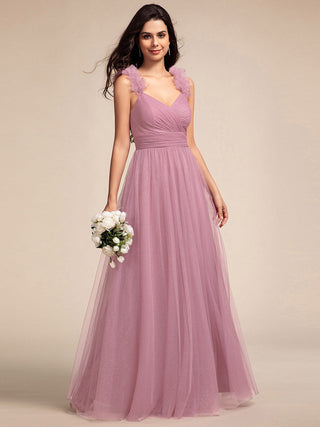 Romantic Deep V Neck Flying sleeve Tulle Bridesmaid Dresses with Gold Stamping Pleated decoration