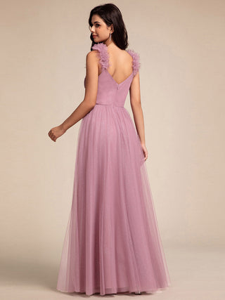 Romantic Deep V Neck Flying sleeve Tulle Bridesmaid Dresses with Gold Stamping Pleated decoration