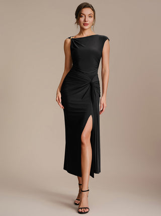 Short Sleeve High Stretch Asymmetric Neckline A-Line Dress Tops