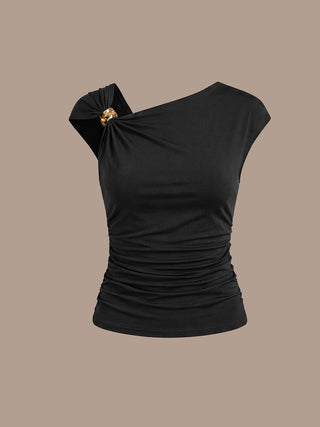 Short Sleeve High Stretch Asymmetric Neckline A-Line Dress Tops