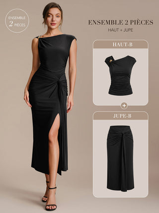 Short Sleeve High Stretch Asymmetric Neckline A-Line Dress Tops