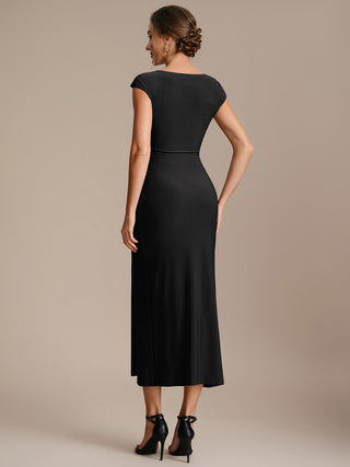 Short Sleeve High Stretch Asymmetric Neckline A-Line Dress Tops