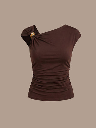 Short Sleeve High Stretch Asymmetric Neckline A-Line Dress Tops
