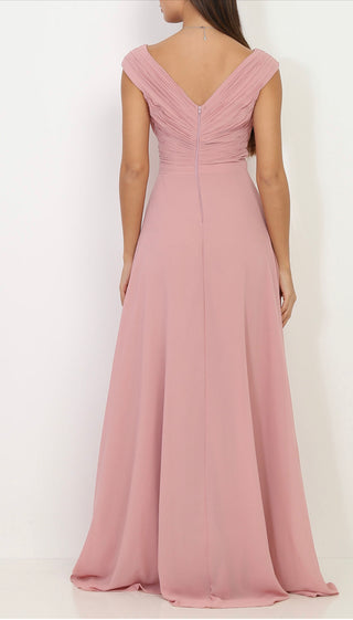 Opale V-Neck Pleated Chiffon Gown, full-length view