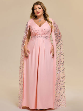 Plus Size Sleeveless Deep V-Neck Rhinestone A-Line Floor Length Evening Dresses