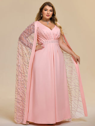 Plus Size Sleeveless Deep V-Neck Rhinestone A-Line Floor Length Evening Dresses