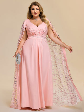 Plus Size Sleeveless Deep V-Neck Rhinestone A-Line Floor Length Evening Dresses