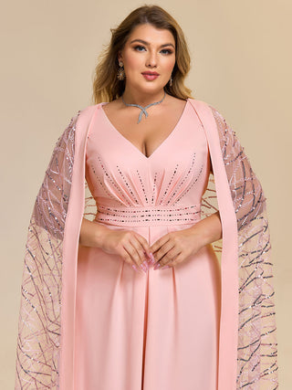 Plus Size Sleeveless Deep V-Neck Rhinestone A-Line Floor Length Evening Dresses