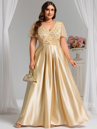 Short Sleeve Ruffle Sheer Appliques V Neck Evening Dress