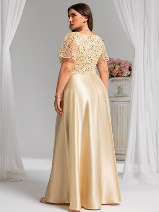 Short Sleeve Ruffle Sheer Appliques V Neck Evening Dress