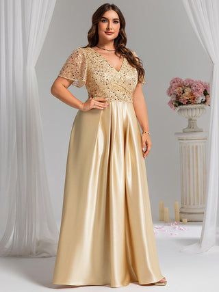 Short Sleeve Ruffle Sheer Appliques V Neck Evening Dress