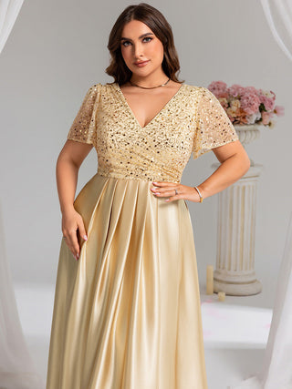 Short Sleeve Ruffle Sheer Appliques V Neck Evening Dress