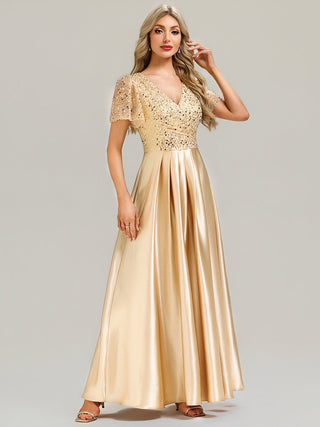 V-Neck Short Sleeve Evening Dress with Ruffle and Sheer Appliques