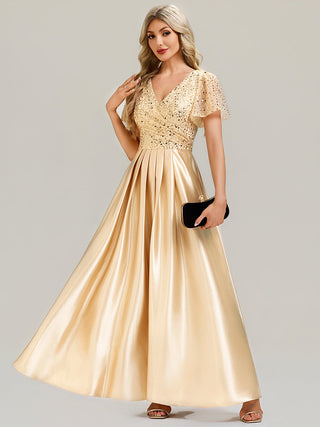 V-Neck Short Sleeve Evening Dress with Ruffle and Sheer Appliques