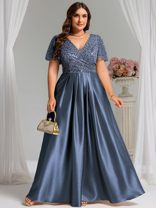 Short Sleeve Ruffle Sheer Appliques V Neck Evening Dress