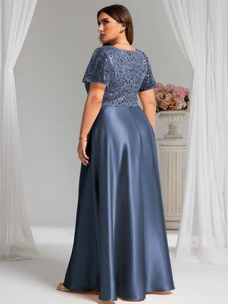 Short Sleeve Ruffle Sheer Appliques V Neck Evening Dress