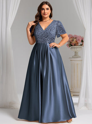 Short Sleeve Ruffle Sheer Appliques V Neck Evening Dress