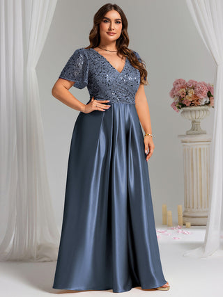 Short Sleeve Ruffle Sheer Appliques V Neck Evening Dress