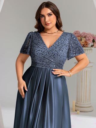 Short Sleeve Ruffle Sheer Appliques V Neck Evening Dress