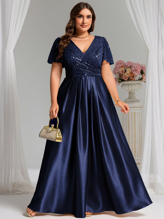 Short Sleeve Ruffle Sheer Appliques V Neck Evening Dress