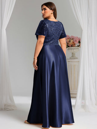 Short Sleeve Ruffle Sheer Appliques V Neck Evening Dress