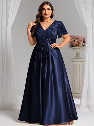 Short Sleeve Ruffle Sheer Appliques V Neck Evening Dress