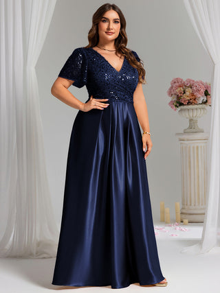 Short Sleeve Ruffle Sheer Appliques V Neck Evening Dress