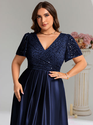 Short Sleeve Ruffle Sheer Appliques V Neck Evening Dress