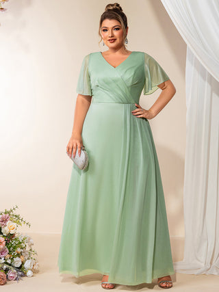 Plus Size Short Sleeve Ruffle Deep V-Neck A-Line Floor Length Evening Dresses