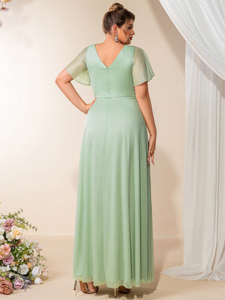 Plus Size Short Sleeve Ruffle Deep V-Neck A-Line Floor Length Evening Dresses