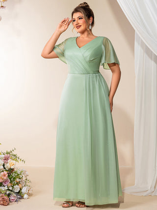 Plus Size Short Sleeve Ruffle Deep V-Neck A-Line Floor Length Evening Dresses