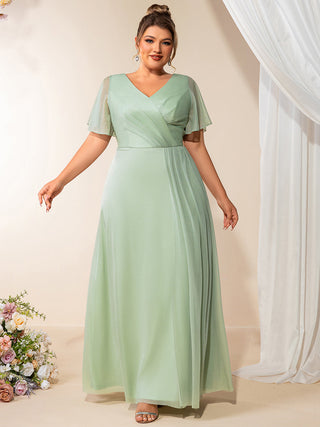 Plus Size Short Sleeve Ruffle Deep V-Neck A-Line Floor Length Evening Dresses