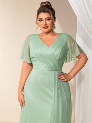 Plus Size Short Sleeve Ruffle Deep V-Neck A-Line Floor Length Evening Dresses