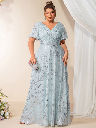 Plus Size Short Sleeve Ruffle A-Line Floor Length V-Neck Evening Dresses