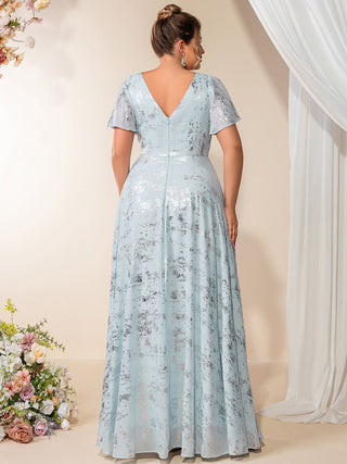 Plus Size Short Sleeve Ruffle A-Line Floor Length V-Neck Evening Dresses