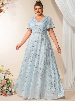 Plus Size Short Sleeve Ruffle A-Line Floor Length V-Neck Evening Dresses