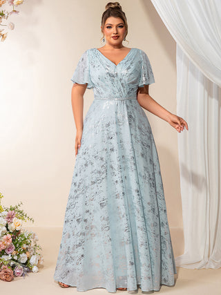 Plus Size Short Sleeve Ruffle A-Line Floor Length V-Neck Evening Dresses