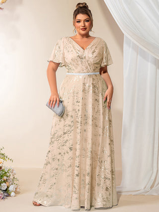 Plus Size Short Sleeve Ruffle A-Line Floor Length V-Neck Evening Dresses