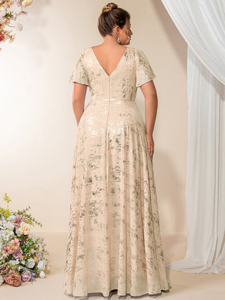 Plus Size Short Sleeve Ruffle A-Line Floor Length V-Neck Evening Dresses