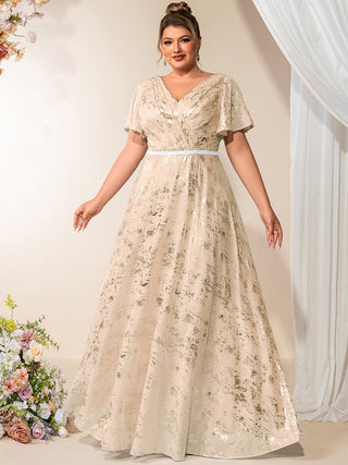 Plus Size Short Sleeve Ruffle A-Line Floor Length V-Neck Evening Dresses