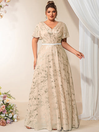 Plus Size Short Sleeve Ruffle A-Line Floor Length V-Neck Evening Dresses