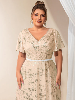 Plus Size Short Sleeve Ruffle A-Line Floor Length V-Neck Evening Dresses