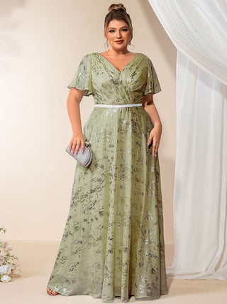 Plus Size Short Sleeve Ruffle A-Line Floor Length V-Neck Evening Dresses